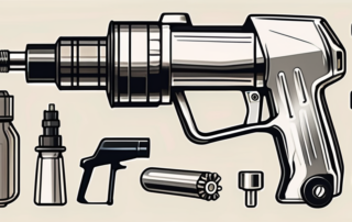 A small spray gun with various parts disassembled and labeled