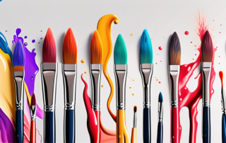 Various paintbrushes dipping into vibrant water-soluble paints