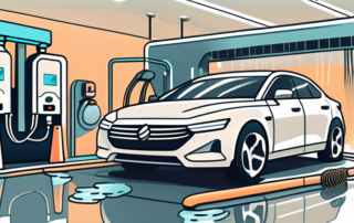 A pristine car exiting a modern