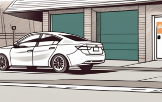 A residential street scene showing a parked car opposite a garage entrance
