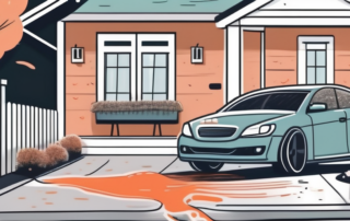 A car being cleaned using various household items like a bucket