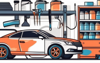 A car in a workshop with various painting tools and equipment