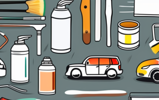 Different types of car paints and tools like spray guns