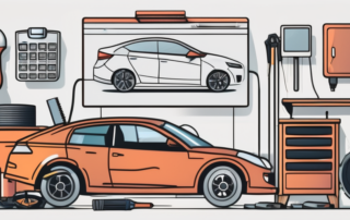 A car in a garage with various tools scattered around and a computer screen displaying a calculation program