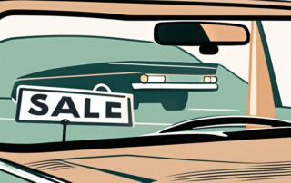 A car with an open sale tag hanging from the rear-view mirror