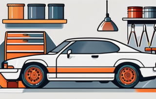 A car in a well-equipped garage with various painting tools and equipment