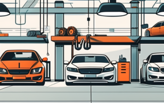 A well-organized workshop with various tools and a car being repaired