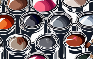 Various 2k paints in cans with brushes and a color palette