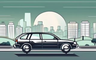 A car idling with visible exhaust fumes against a backdrop of a cityscape or nature scene