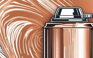 A copper-colored spray can with a burst of copper paint coming out