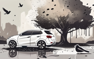 A white car parked under a tree with bird droppings on it