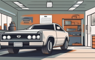 A garage workshop with a car inside