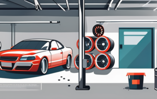 A set of car rims being spray painted in a well-ventilated garage