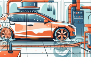 A car going through various stages of an automated car wash system