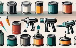 A spray gun with different types of paint cans