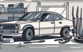 A car in a workshop with visible dents and scratches