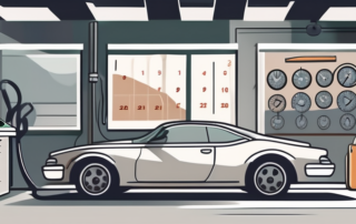 A car in a garage with various inspection tools nearby