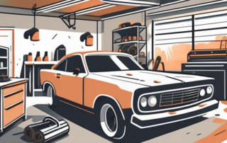 An open garage with various car parts and tools scattered around