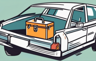 A car side mirror with a toolbox next to it