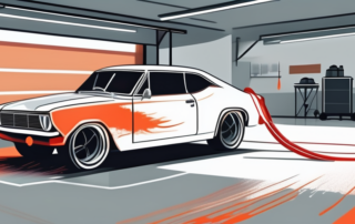 A car being spray painted with 2k auto paint in a well-ventilated garage