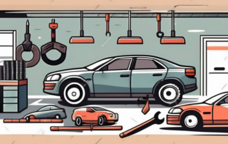 A car repair shop with various tools and car parts