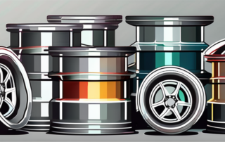 A set of car rims undergoing the process of powder coating