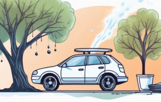 A car parked under a tree with visible tree resin spots on the surface