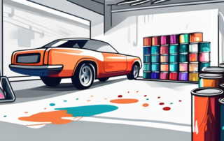A car in a painting booth with various cans of car paint and a spray gun nearby