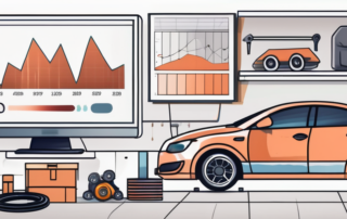 A car in a garage with various tools and a computer screen displaying graphs and charts
