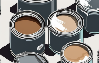 Various types of primer paint cans with different sized brushes dipped in