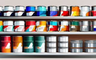 Various types of paint cans with different colors and brushes