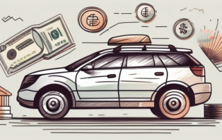 A car with various financial symbols such as currencies