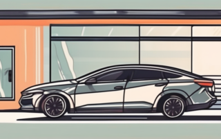 A car with tinted windows parked near a garage