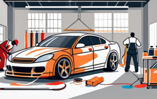 A professional auto body shop with various car paints and equipment