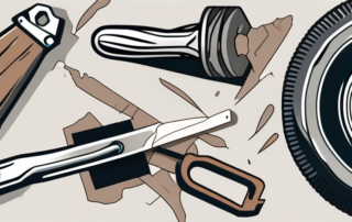 A damaged car wheel and tools such as a wrench