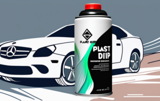 A spray can of plasti dip remover next to a car with half of its paint removed