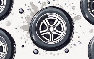Various car rims being cleaned with different cleaning tools like brushes and sponges