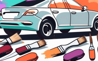 A car being painted with a variety of colors