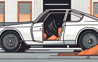 A car parked for a long time in a garage with visible signs of tyre wear and rust