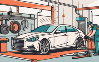 A car undergoing an inspection with various tools and equipment surrounding it