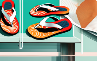 A pair of flip flops with a vibrant and intricate foil design