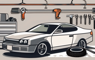 A car in a garage with various maintenance tools like a wrench