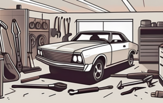 A car with visible body damage in a garage filled with various auto repair tools