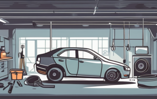 A car in a workshop with various tools scattered around