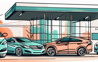 A car dealership with various cars and a prominently displayed price tag