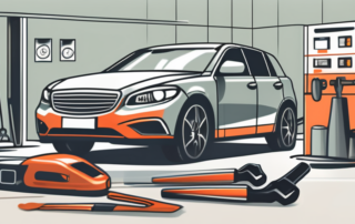 A car at an inspection station with various tools around it