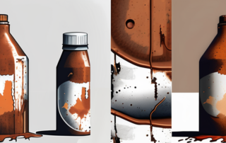 A rust converter bottle next to a rusted object on one side and the same object looking new and rust-free on the other side