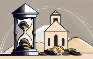 A sand hourglass with bank building on the top half and a pile of coins on the bottom half