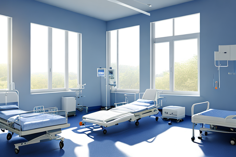 Krankenhauszimmer mit gemachtem Bett, medizinischer Ausruestung und Sonnenschein durch Fenster.