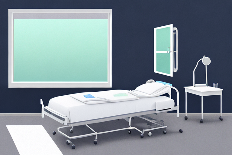 Krankenzimmer mit gemachtem Bett, medizinischer Ausruestung und grossem Fenster fuer finanzielle Vorsorge.